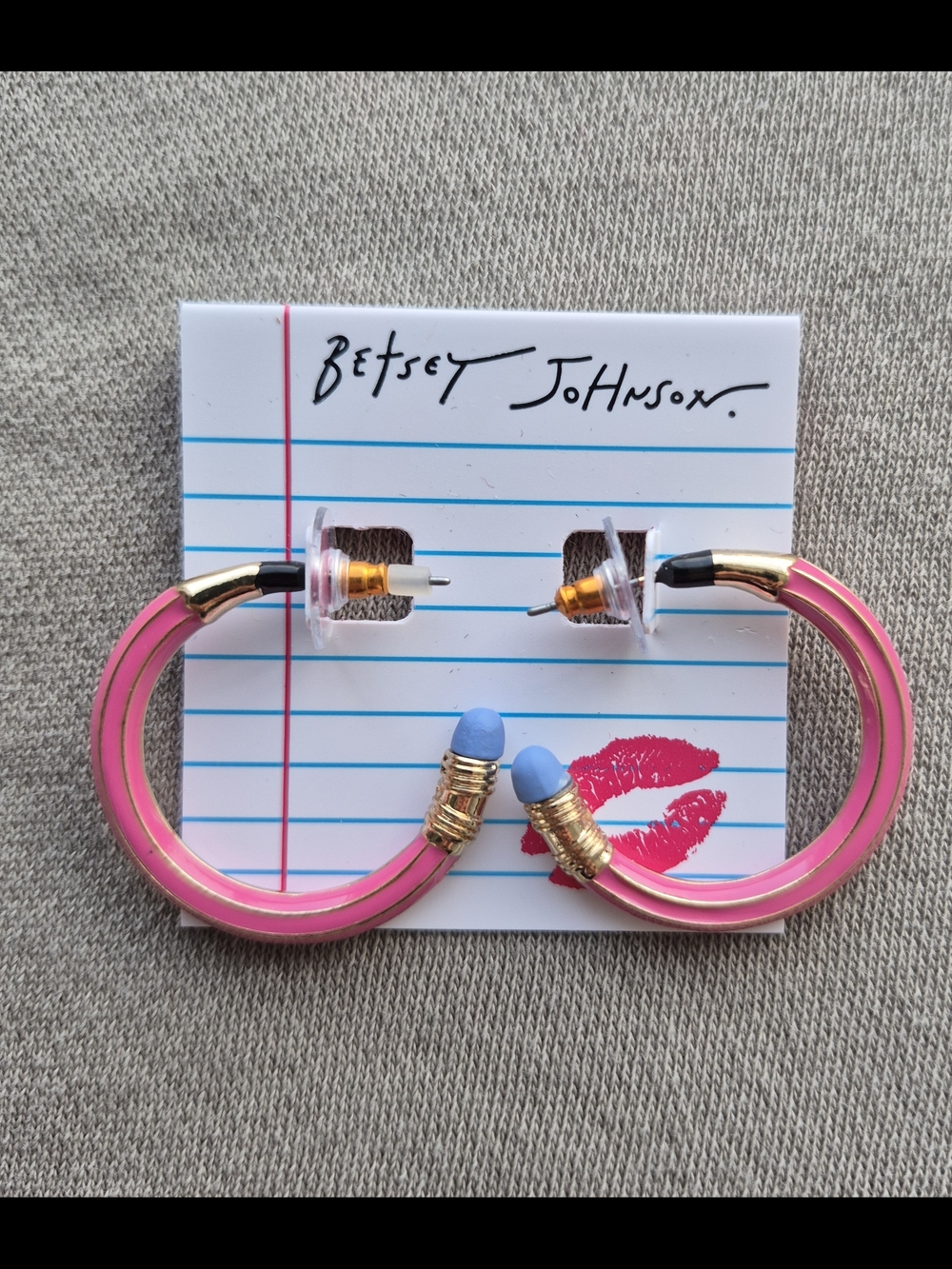 Betsey Johnson Pink Pencil Hoop Earrings with Blue Eraser Tips